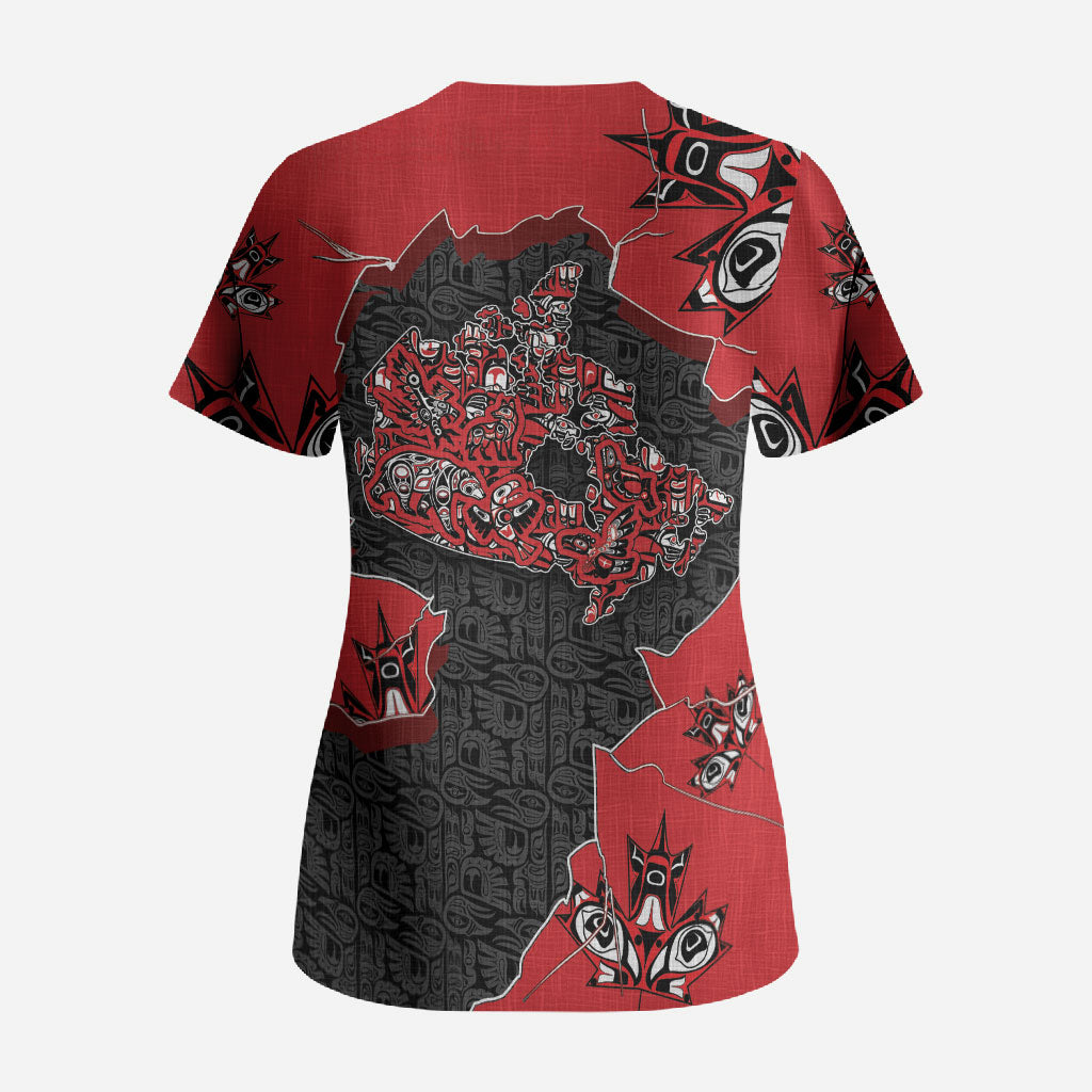 Canada National Indigenous Peoples Day Scrub Top Red Map Haida Totem Patterns