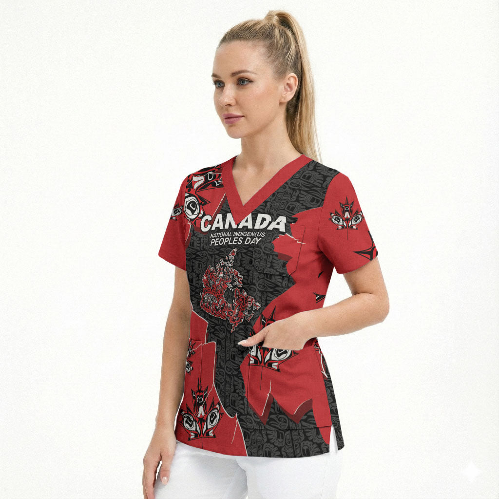 Canada National Indigenous Peoples Day Scrub Top Red Map Haida Totem Patterns