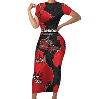 Canada National Indigenous Peoples Day Short Sleeve Bodycon Dress Red Map Haida Totem Patterns