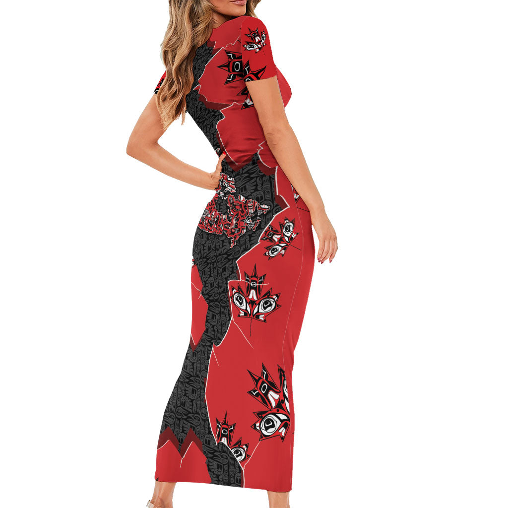 Canada National Indigenous Peoples Day Short Sleeve Bodycon Dress Red Map Haida Totem Patterns