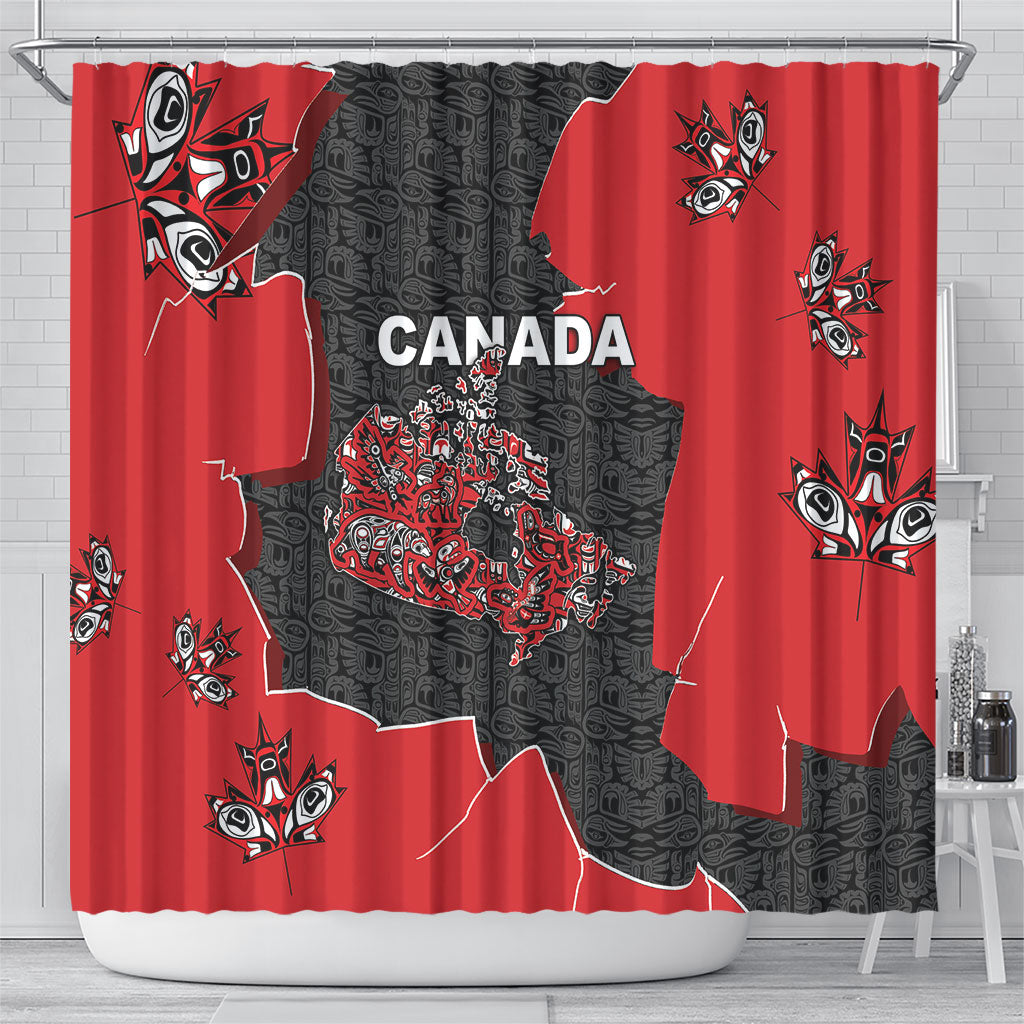 Canada National Indigenous Peoples Day Shower Curtain Red Map Haida Totem Patterns