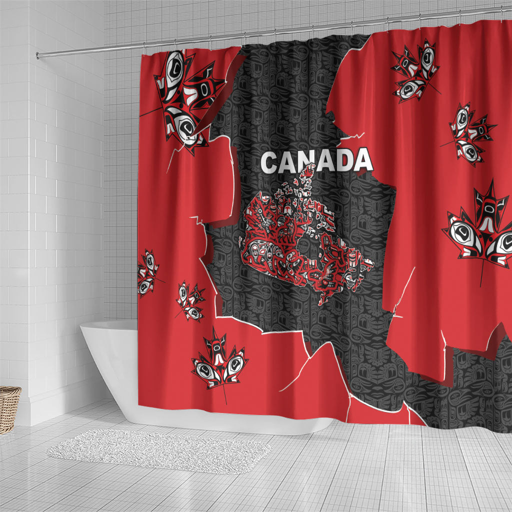 Canada National Indigenous Peoples Day Shower Curtain Red Map Haida Totem Patterns
