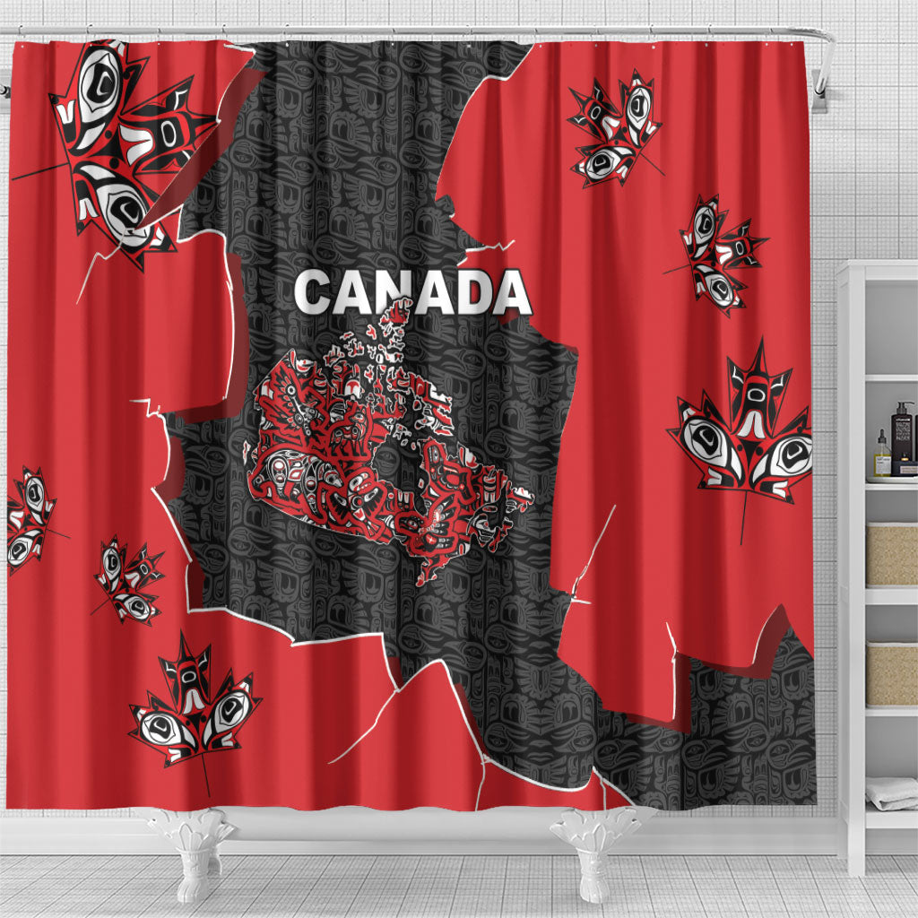 Canada National Indigenous Peoples Day Shower Curtain Red Map Haida Totem Patterns