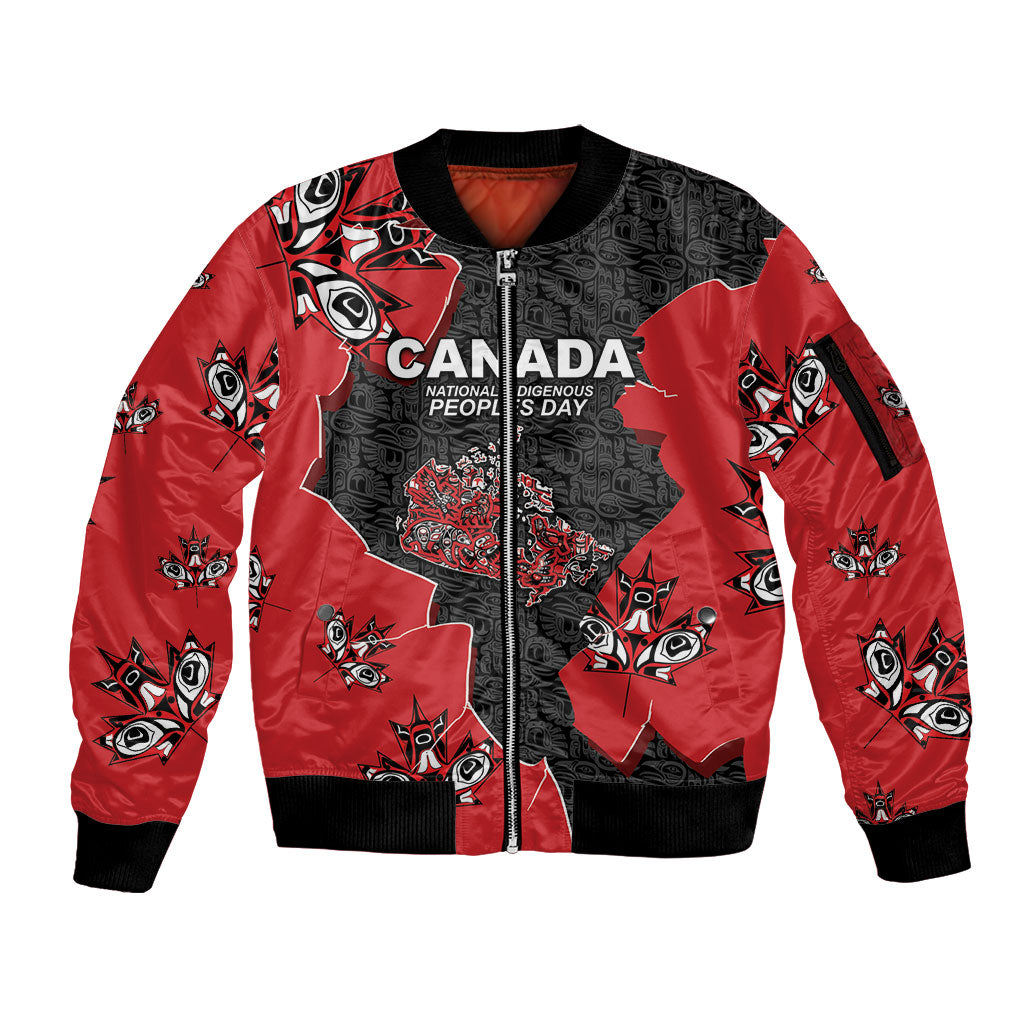 Canada National Indigenous Peoples Day Sleeve Zip Bomber Jacket Red Map Haida Totem Patterns