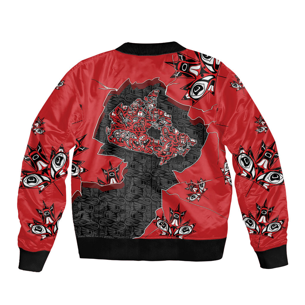 Canada National Indigenous Peoples Day Sleeve Zip Bomber Jacket Red Map Haida Totem Patterns