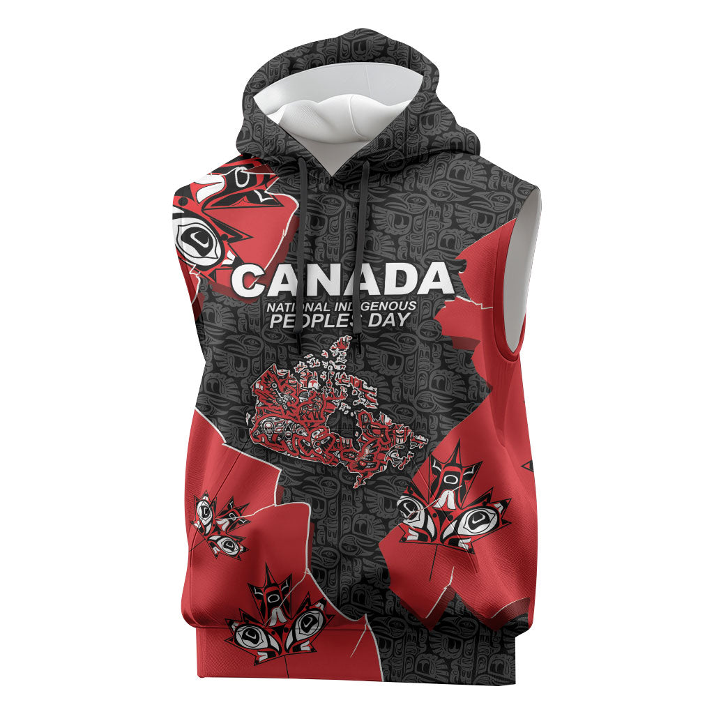 Canada National Indigenous Peoples Day Sleeveless Hoodie Red Map Haida Totem Patterns