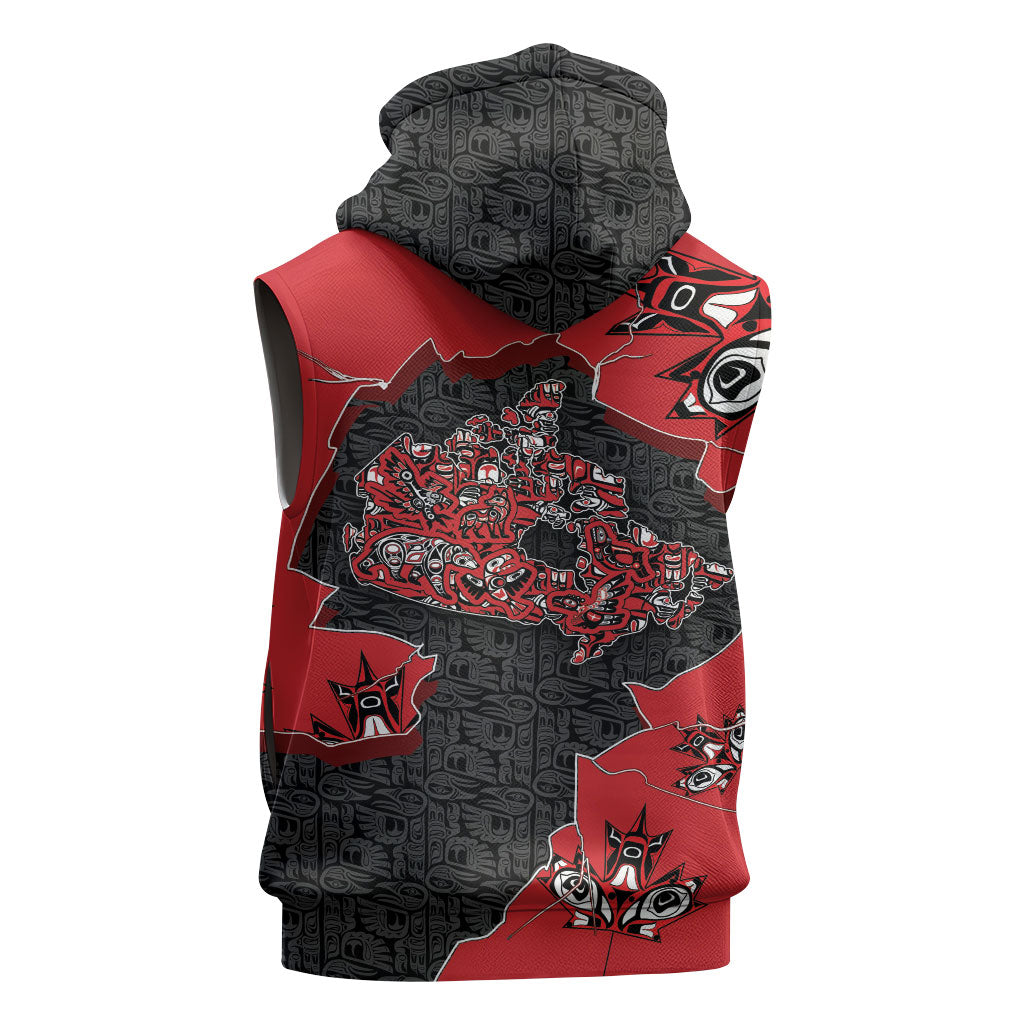 Canada National Indigenous Peoples Day Sleeveless Hoodie Red Map Haida Totem Patterns