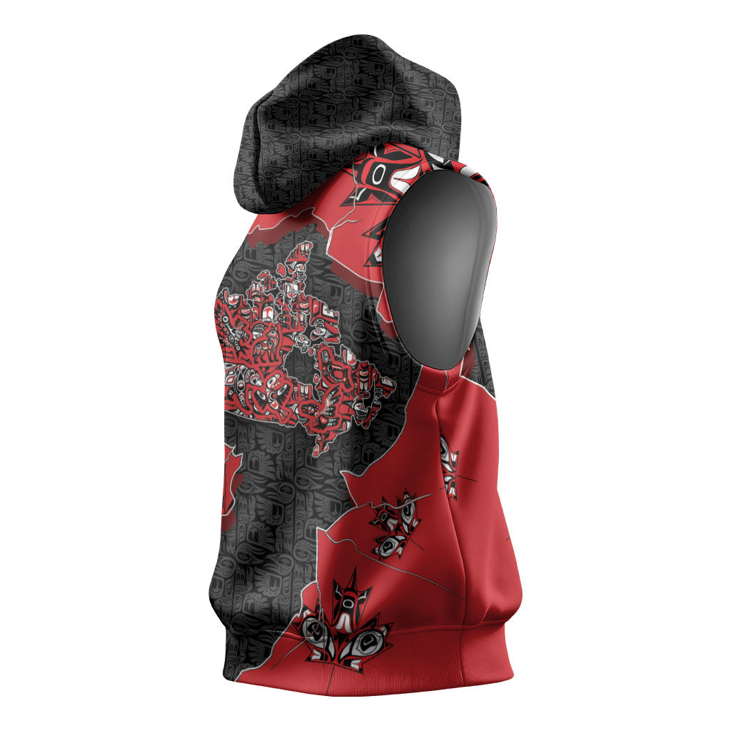 Canada National Indigenous Peoples Day Sleeveless Hoodie Red Map Haida Totem Patterns