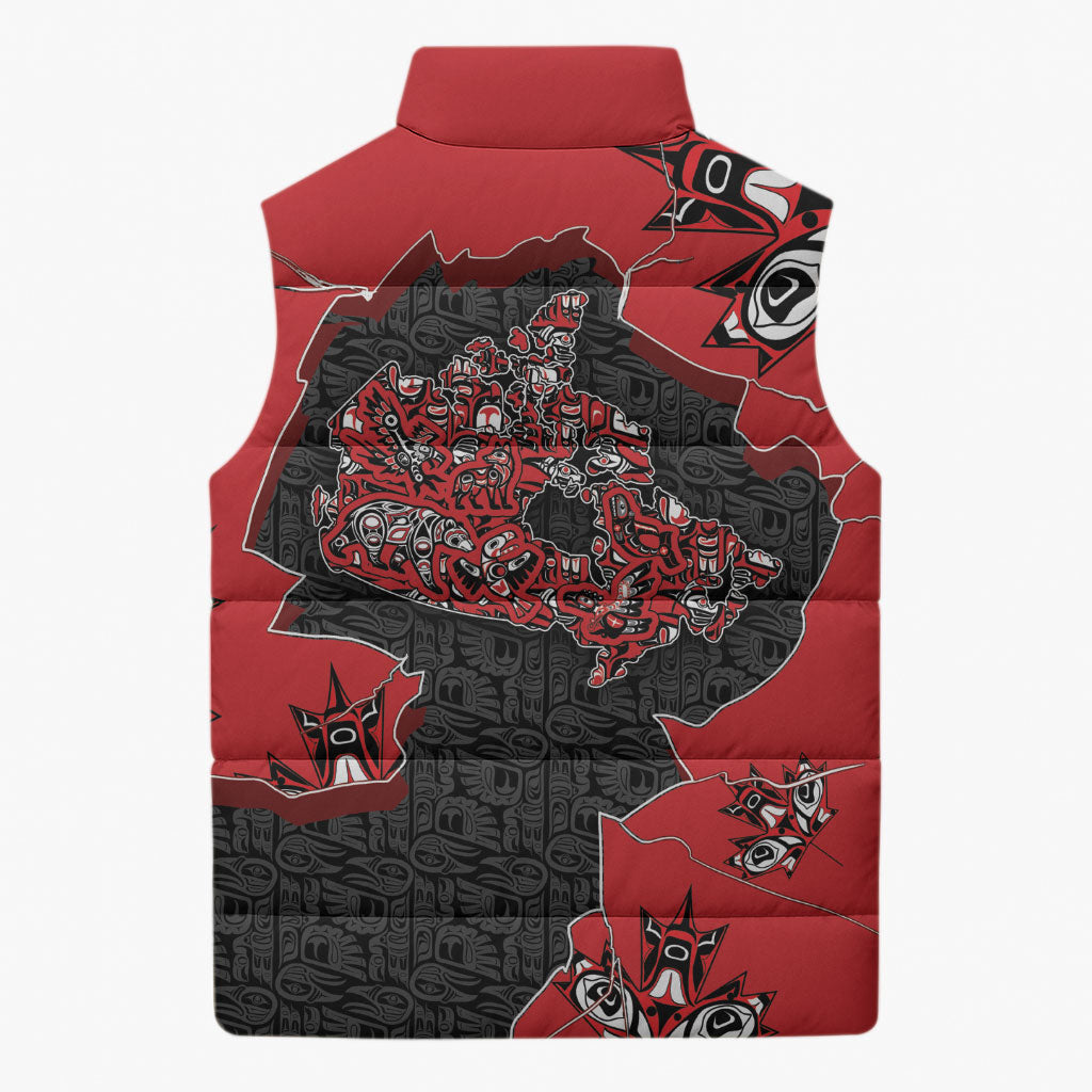 Canada National Indigenous Peoples Day Sleeveless Puffer Jacket Red Map Haida Totem Patterns