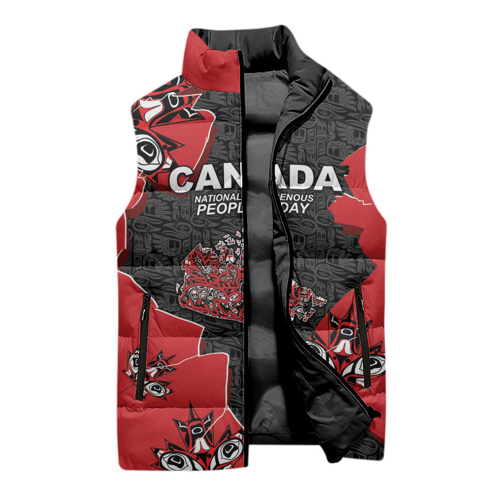 Canada National Indigenous Peoples Day Sleeveless Puffer Jacket Red Map Haida Totem Patterns
