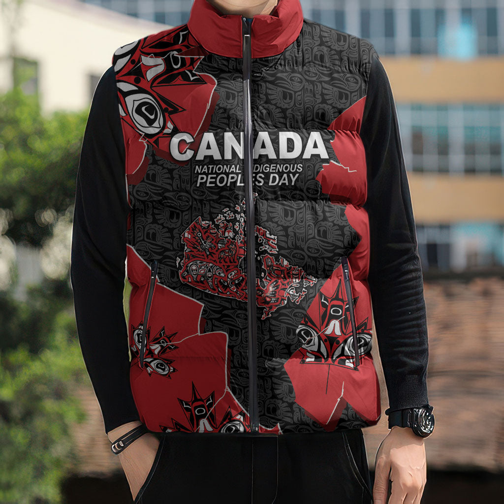 Canada National Indigenous Peoples Day Sleeveless Puffer Jacket Red Map Haida Totem Patterns