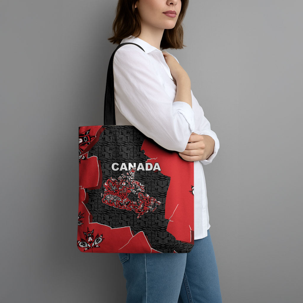 Canada National Indigenous Peoples Day Tote Bag Red Map Haida Totem Patterns