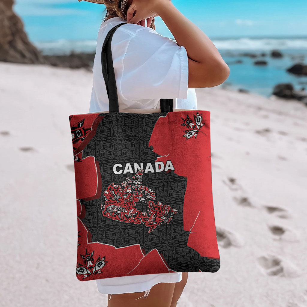 Canada National Indigenous Peoples Day Tote Bag Red Map Haida Totem Patterns