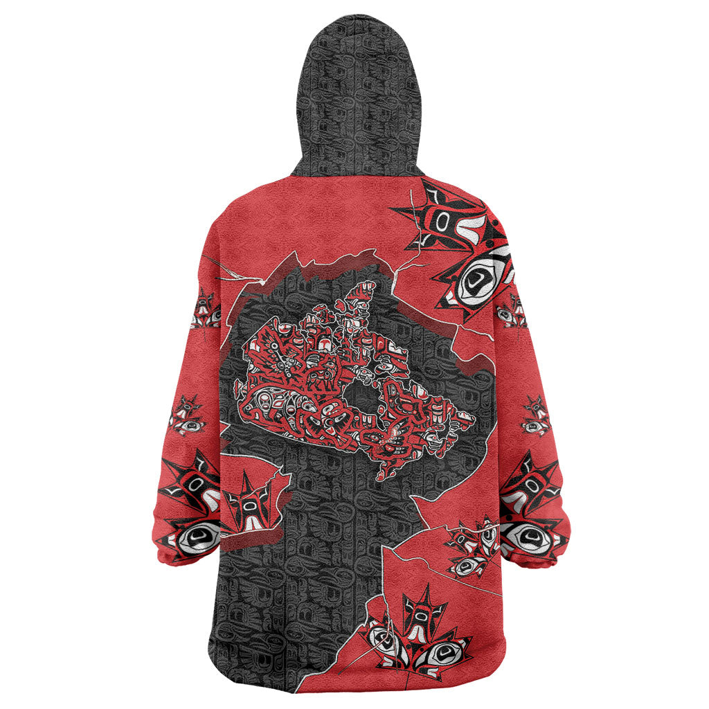 Canada National Indigenous Peoples Day Wearable Blanket Hoodie Red Map Haida Totem Patterns