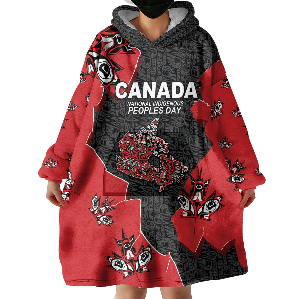 Canada National Indigenous Peoples Day Wearable Blanket Hoodie Red Map Haida Totem Patterns