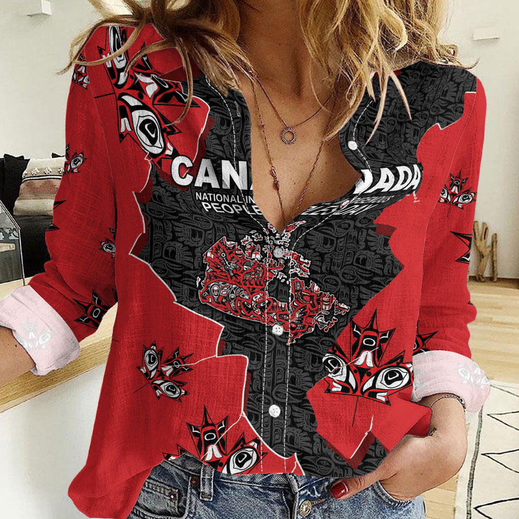 Canada National Indigenous Peoples Day Women Casual Shirt Red Map Haida Totem Patterns