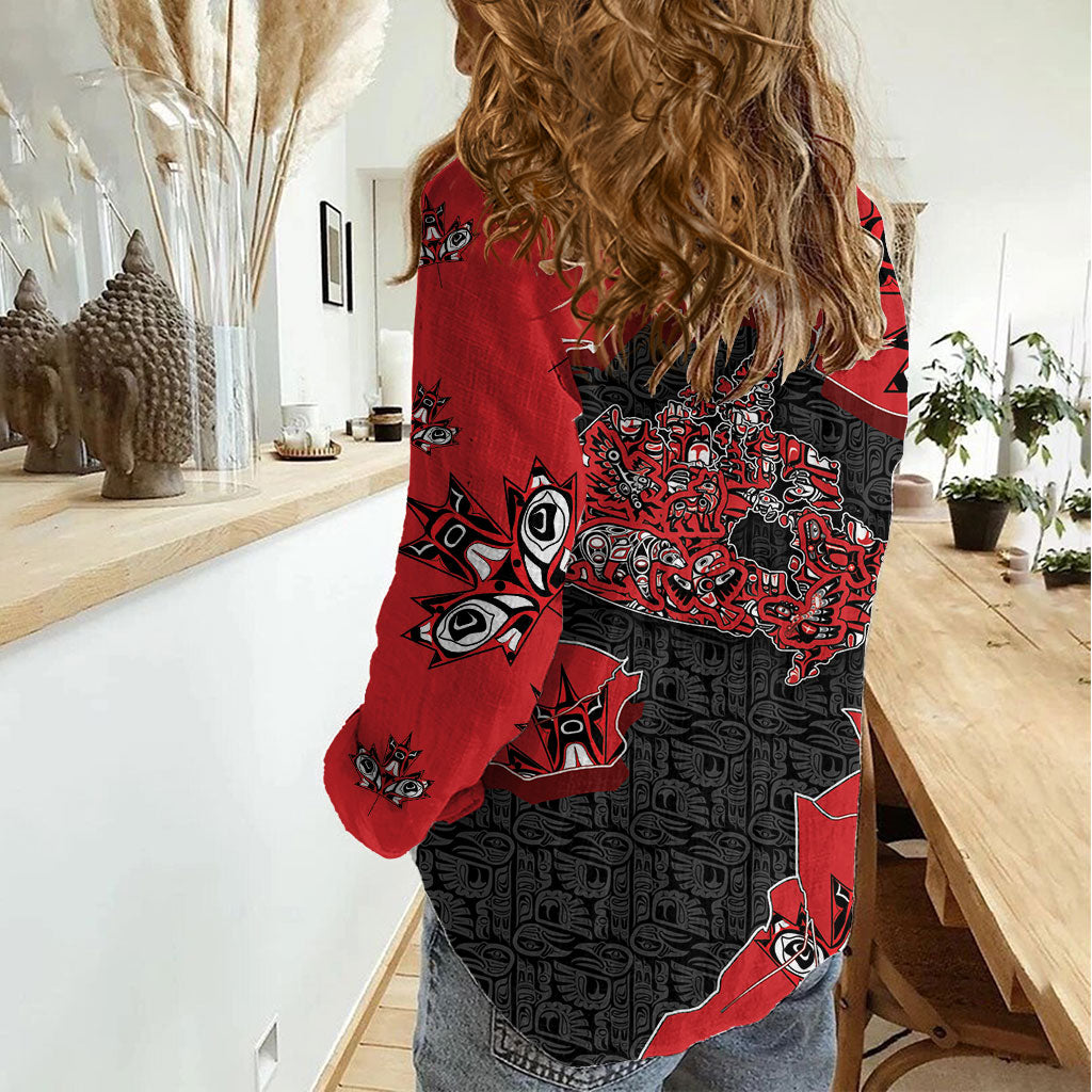 Canada National Indigenous Peoples Day Women Casual Shirt Red Map Haida Totem Patterns