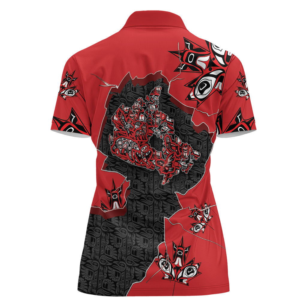 Canada National Indigenous Peoples Day Women Polo Shirt Red Map Haida Totem Patterns