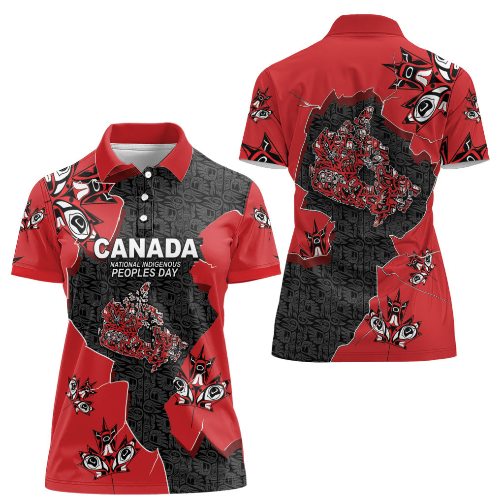 Canada National Indigenous Peoples Day Women Polo Shirt Red Map Haida Totem Patterns