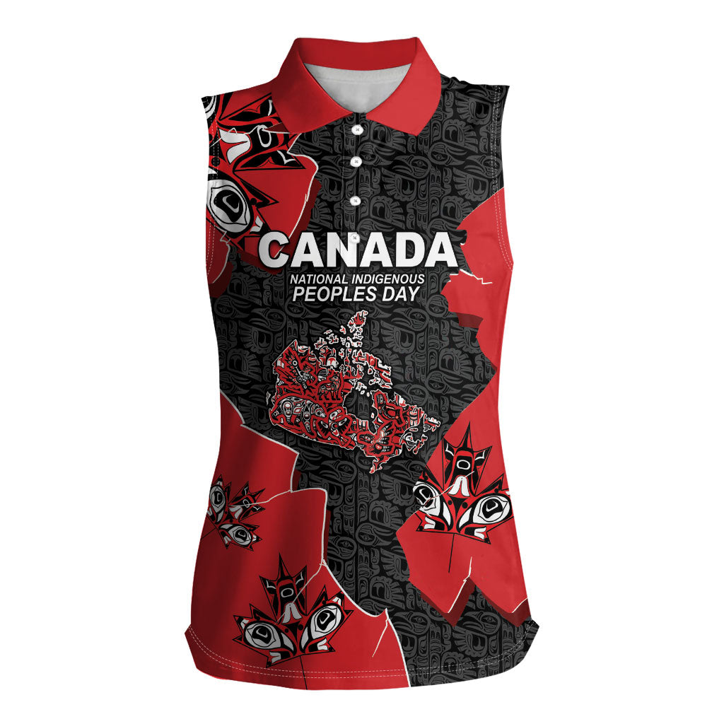 Canada National Indigenous Peoples Day Women Sleeveless Polo Shirt Red Map Haida Totem Patterns