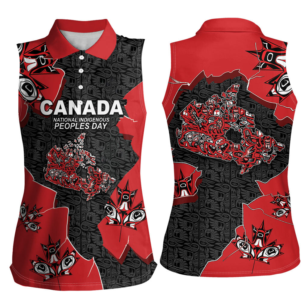 Canada National Indigenous Peoples Day Women Sleeveless Polo Shirt Red Map Haida Totem Patterns