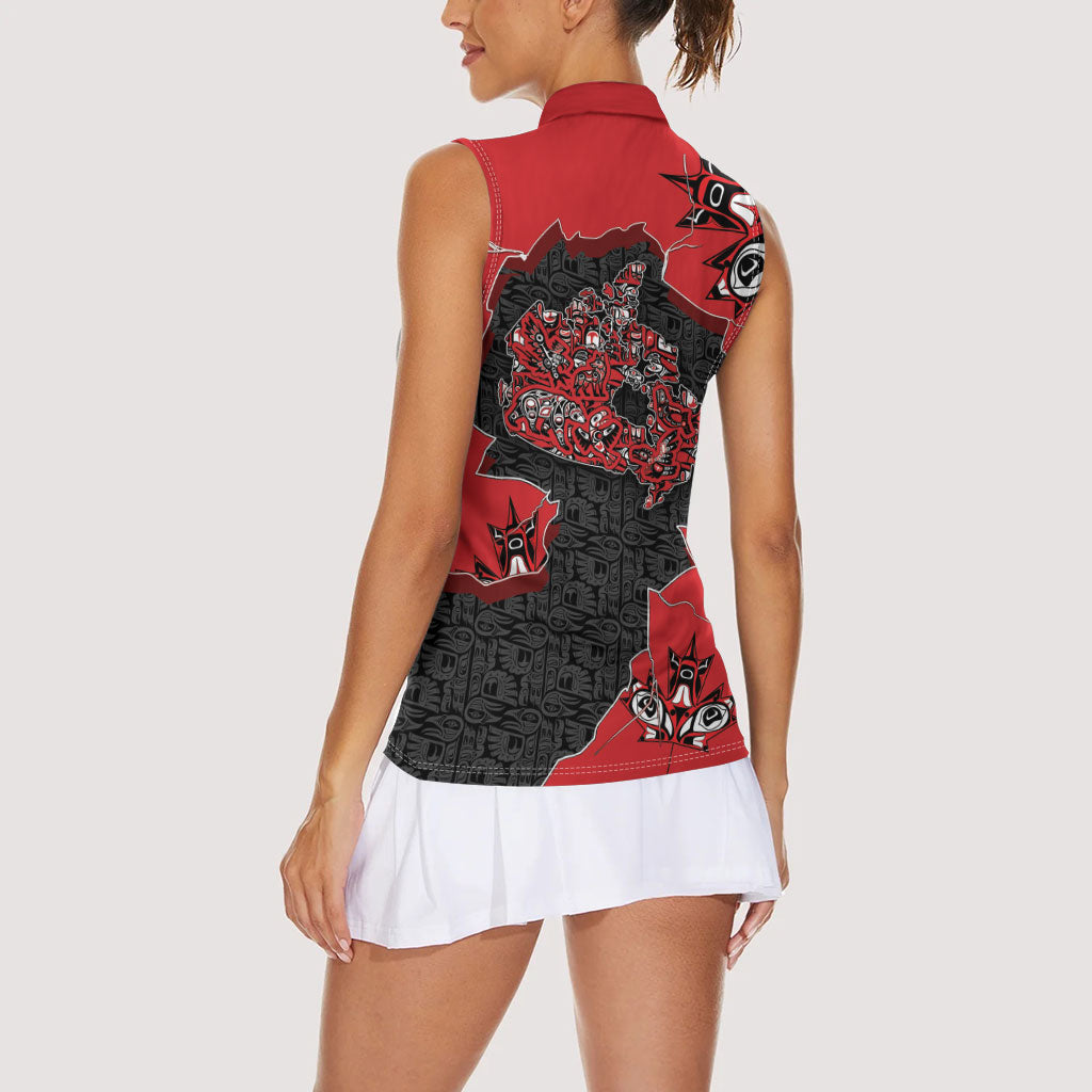 Canada National Indigenous Peoples Day Women Sleeveless Polo Shirt Red Map Haida Totem Patterns