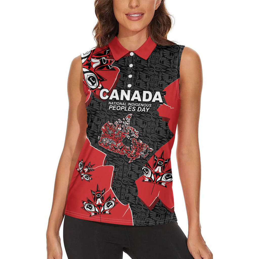 Canada National Indigenous Peoples Day Women Sleeveless Polo Shirt Red Map Haida Totem Patterns