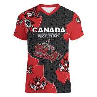 Canada National Indigenous Peoples Day Women V-Neck T-Shirt Red Map Haida Totem Patterns