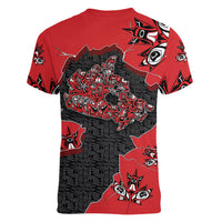 Canada National Indigenous Peoples Day Women V-Neck T-Shirt Red Map Haida Totem Patterns