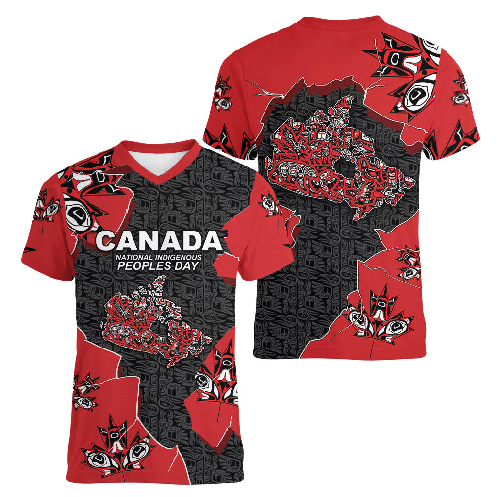 Canada National Indigenous Peoples Day Women V-Neck T-Shirt Red Map Haida Totem Patterns