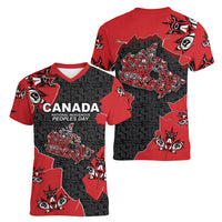 Canada National Indigenous Peoples Day Women V-Neck T-Shirt Red Map Haida Totem Patterns