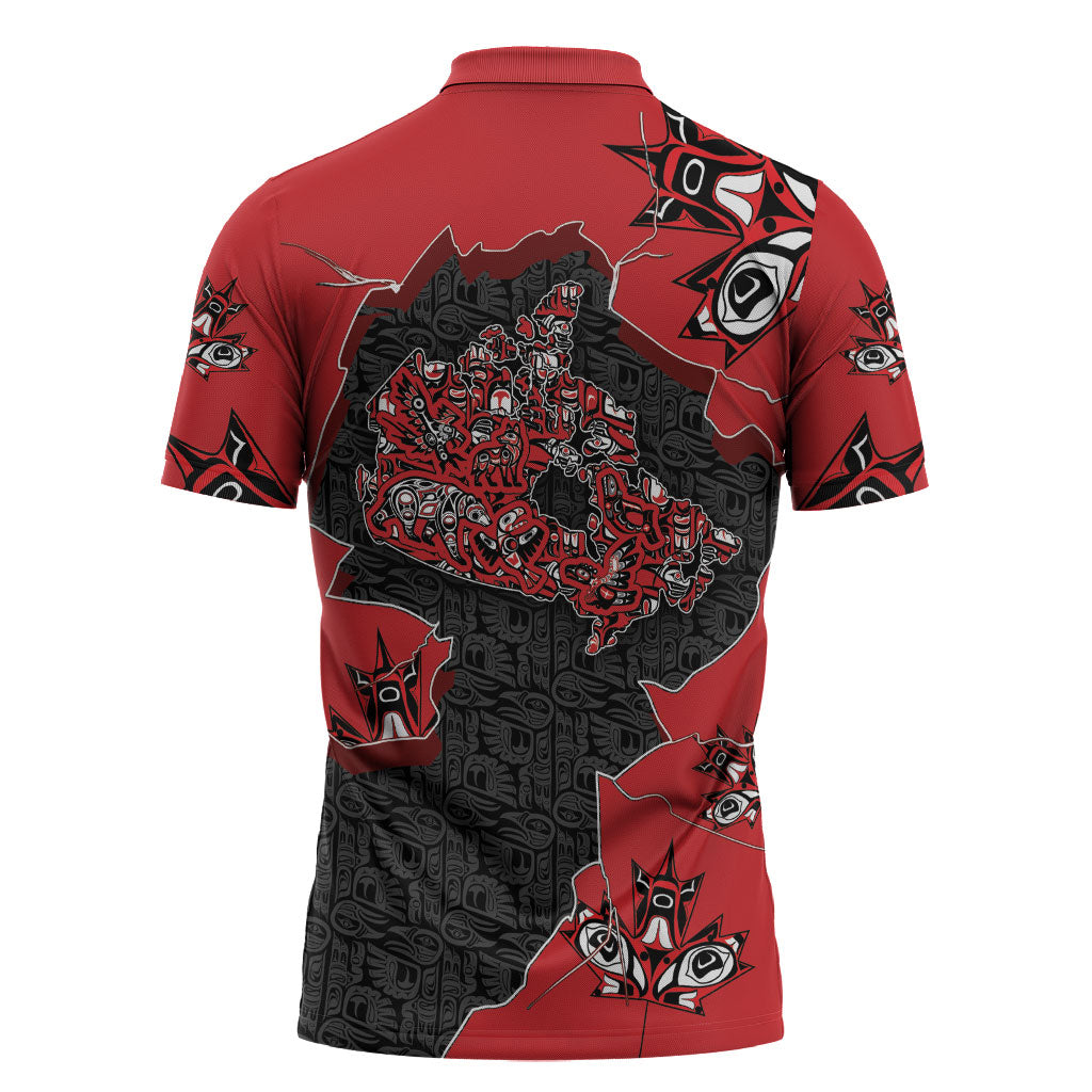 Canada National Indigenous Peoples Day Zipper Polo Shirt Red Map Haida Totem Patterns