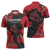 Canada National Indigenous Peoples Day Zipper Polo Shirt Red Map Haida Totem Patterns