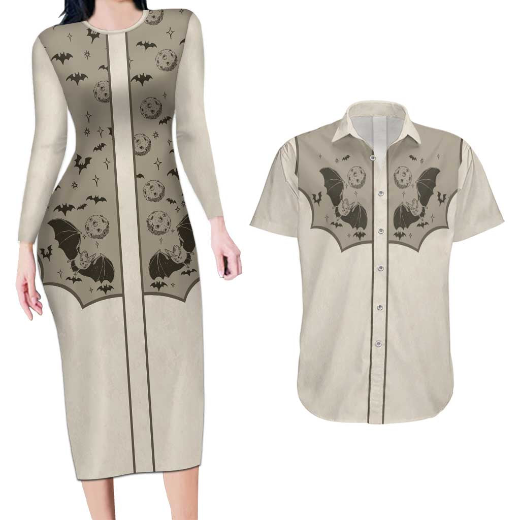 Western Gothic Yoke Couples Matching Long Sleeve Bodycon Dress and Hawaiian Shirt Bat And Stars - Wonder Print Shop