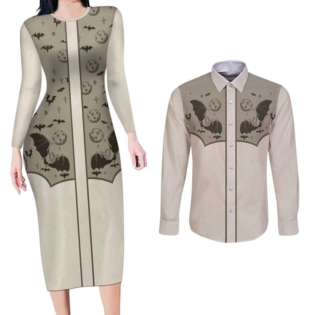 Western Gothic Yoke Couples Matching Long Sleeve Bodycon Dress and Long Sleeve Button Shirt Bat And Stars - Wonder Print Shop