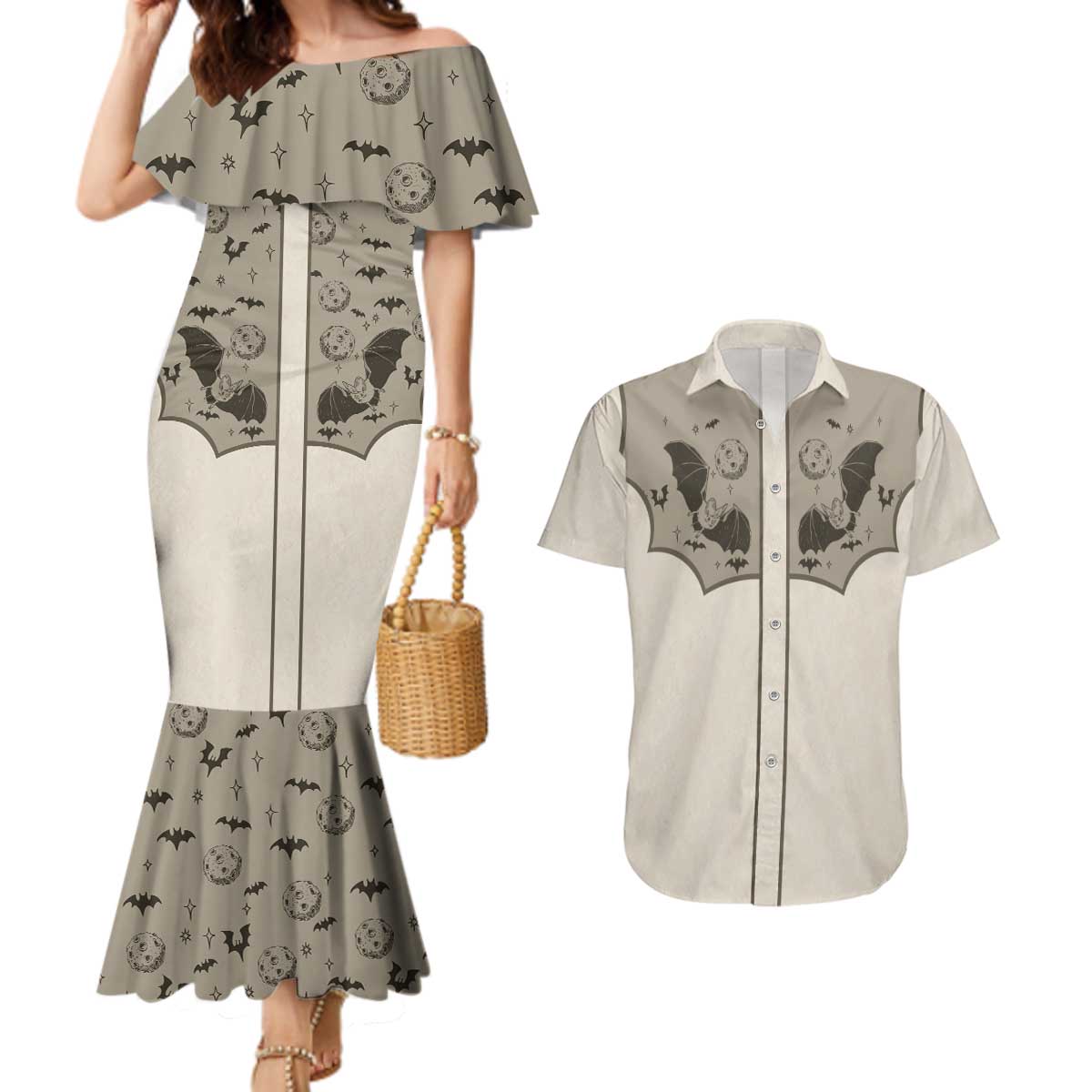 Western Gothic Yoke Couples Matching Mermaid Dress and Hawaiian Shirt Bat And Stars - Wonder Print Shop