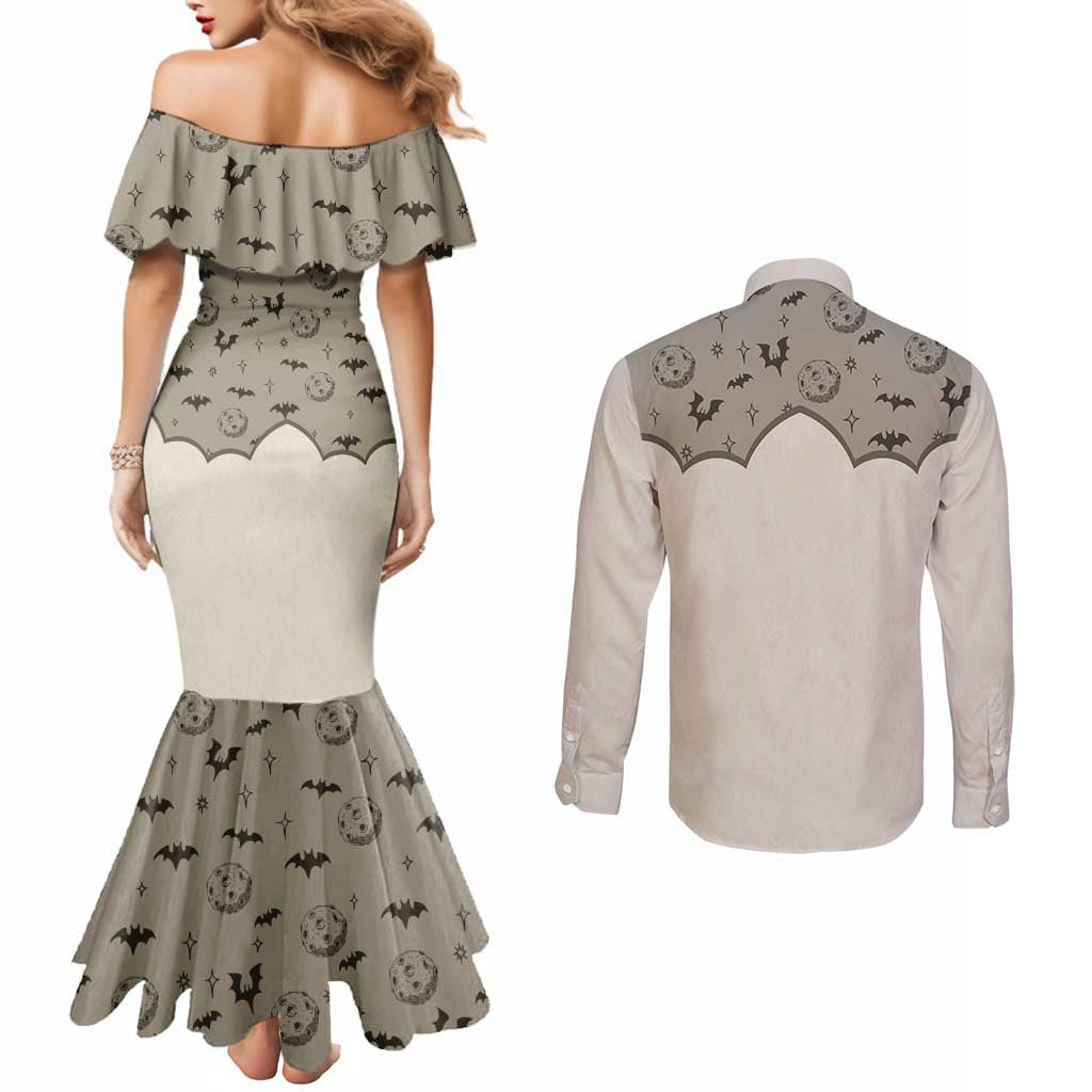 Western Gothic Yoke Couples Matching Mermaid Dress and Long Sleeve Button Shirt Bat And Stars - Wonder Print Shop