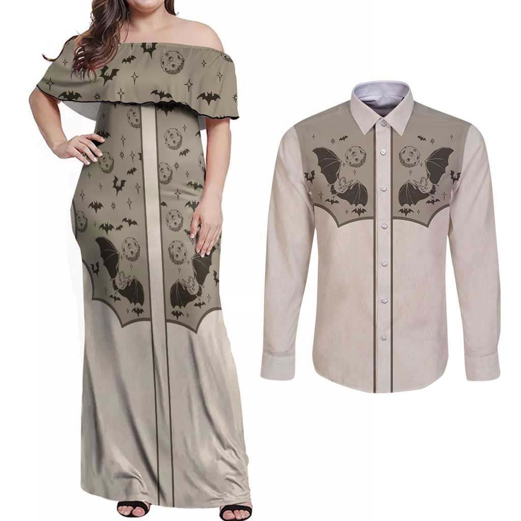 Western Gothic Yoke Couples Matching Off Shoulder Maxi Dress and Long Sleeve Button Shirt Bat And Stars - Wonder Print Shop
