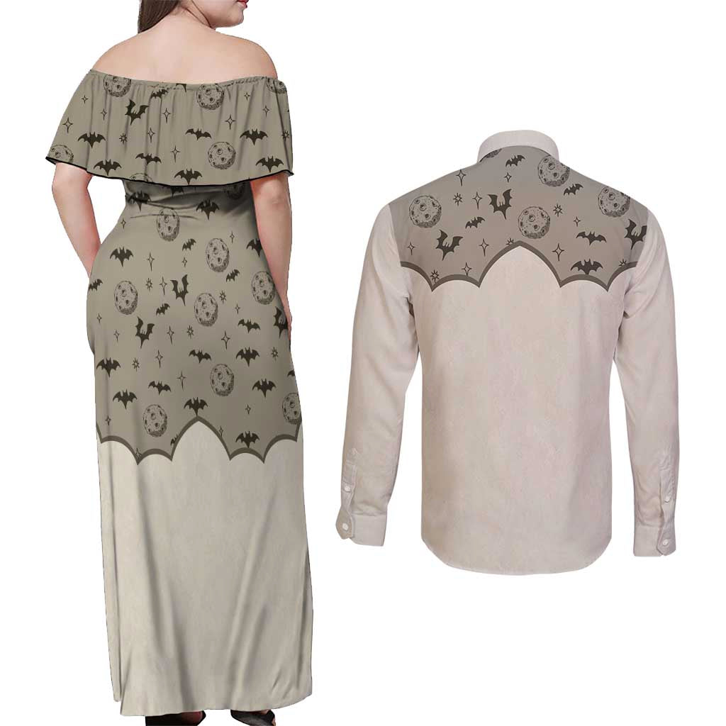 Western Gothic Yoke Couples Matching Off Shoulder Maxi Dress and Long Sleeve Button Shirt Bat And Stars - Wonder Print Shop