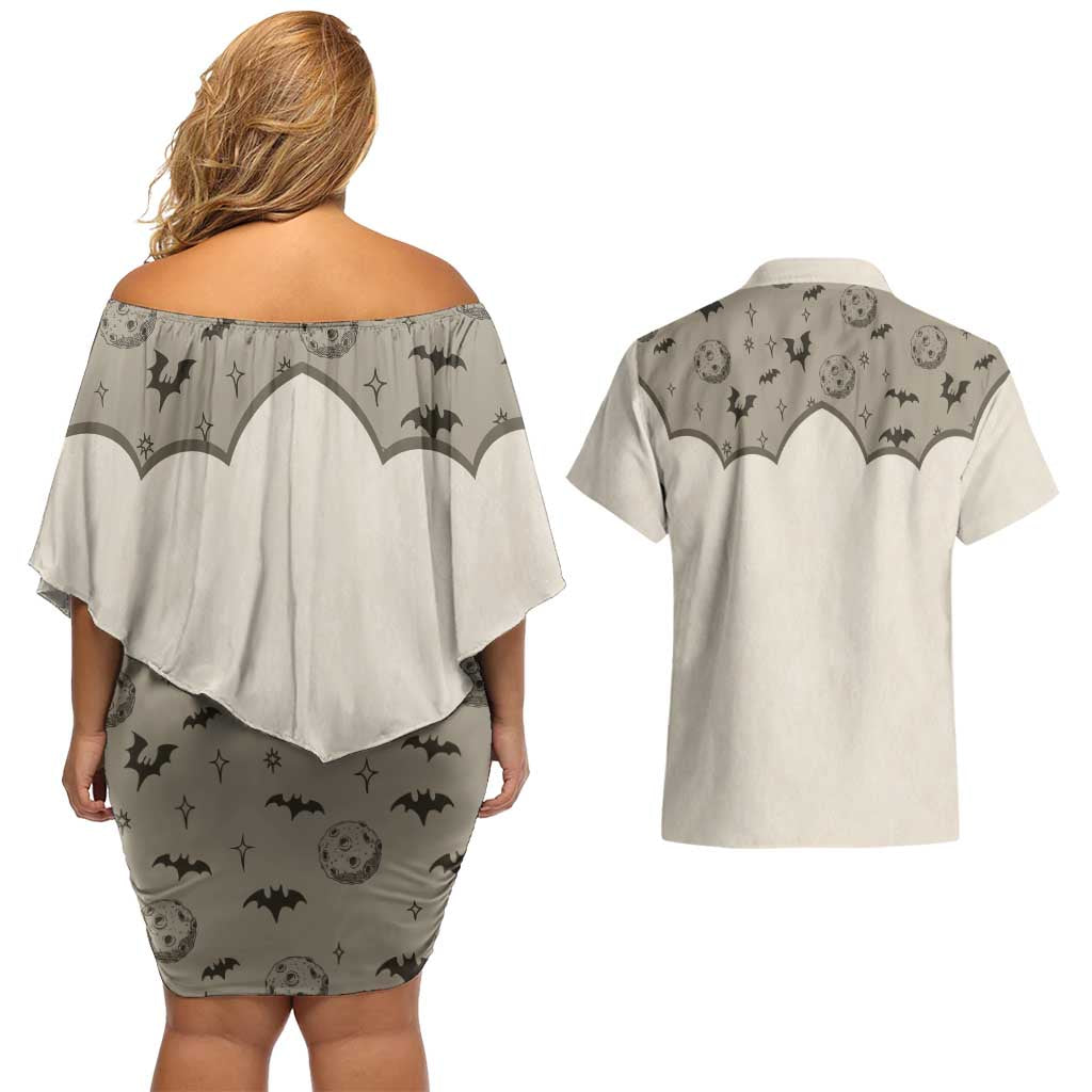 Western Gothic Yoke Couples Matching Off Shoulder Short Dress and Hawaiian Shirt Bat And Stars - Wonder Print Shop