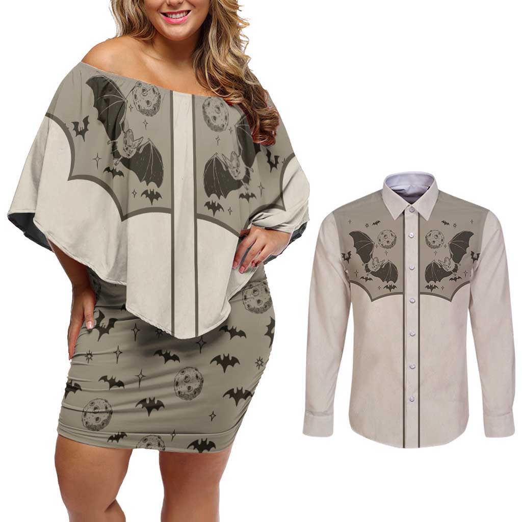 Western Gothic Yoke Couples Matching Off Shoulder Short Dress and Long Sleeve Button Shirt Bat And Stars - Wonder Print Shop