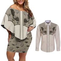 Western Gothic Yoke Couples Matching Off Shoulder Short Dress and Long Sleeve Button Shirt Bat And Stars - Wonder Print Shop