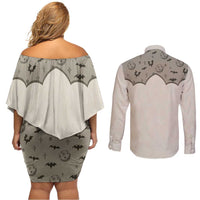 Western Gothic Yoke Couples Matching Off Shoulder Short Dress and Long Sleeve Button Shirt Bat And Stars - Wonder Print Shop