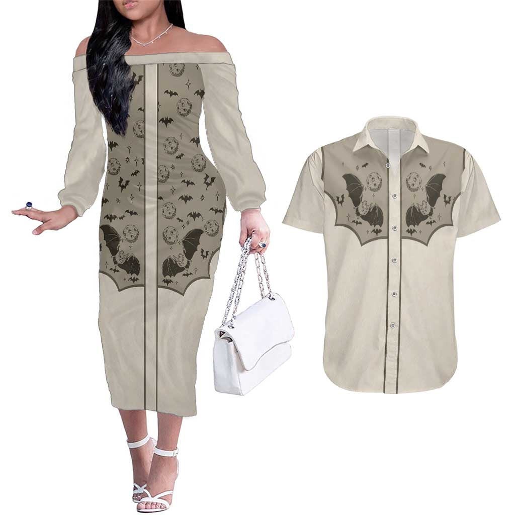 Western Gothic Yoke Couples Matching Off The Shoulder Long Sleeve Dress and Hawaiian Shirt Bat And Stars - Wonder Print Shop