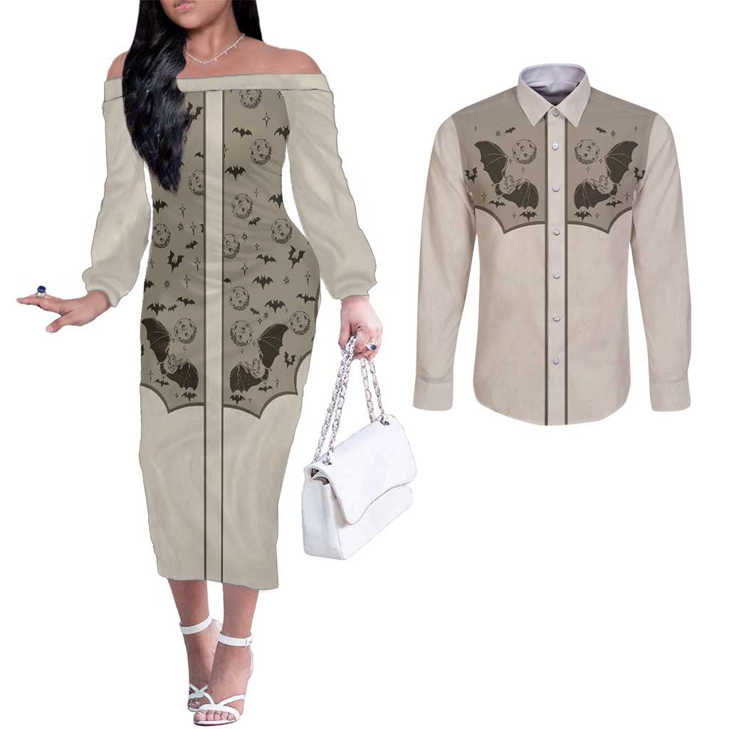 Western Gothic Yoke Couples Matching Off The Shoulder Long Sleeve Dress and Long Sleeve Button Shirt Bat And Stars - Wonder Print Shop