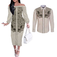 Western Gothic Yoke Couples Matching Off The Shoulder Long Sleeve Dress and Long Sleeve Button Shirt Bat And Stars - Wonder Print Shop