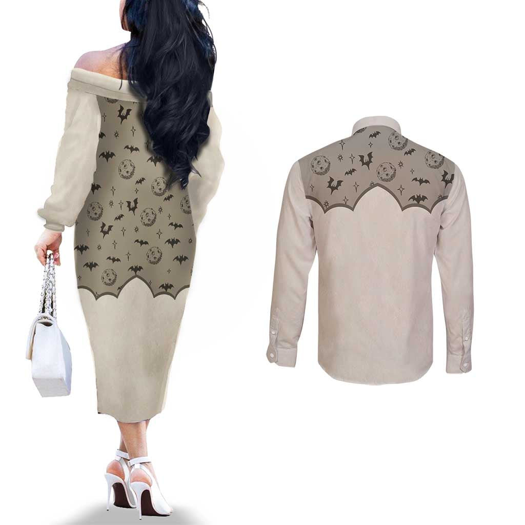 Western Gothic Yoke Couples Matching Off The Shoulder Long Sleeve Dress and Long Sleeve Button Shirt Bat And Stars - Wonder Print Shop