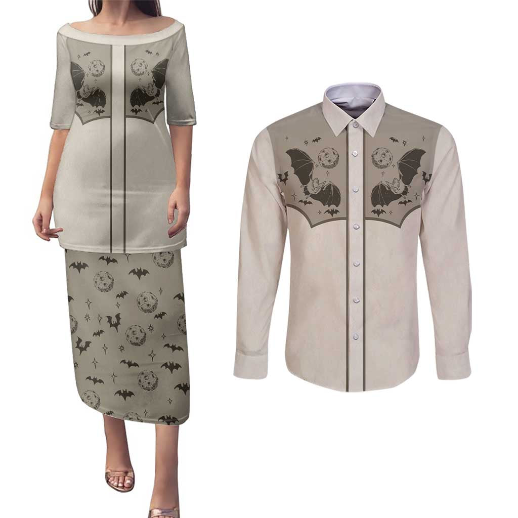 Western Gothic Yoke Couples Matching Puletasi and Long Sleeve Button Shirt Bat And Stars - Wonder Print Shop