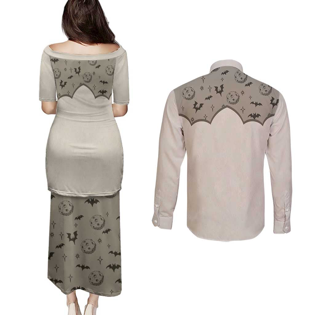 Western Gothic Yoke Couples Matching Puletasi and Long Sleeve Button Shirt Bat And Stars - Wonder Print Shop