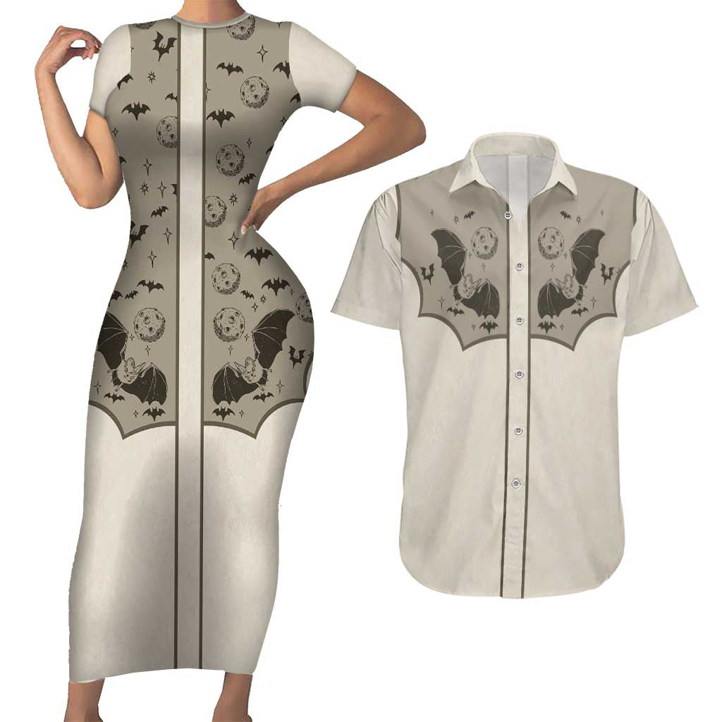 Western Gothic Yoke Couples Matching Short Sleeve Bodycon Dress and Hawaiian Shirt Bat And Stars - Wonder Print Shop
